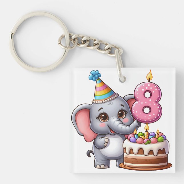Cute Elephant 8th Birthday Key Ring (Front)