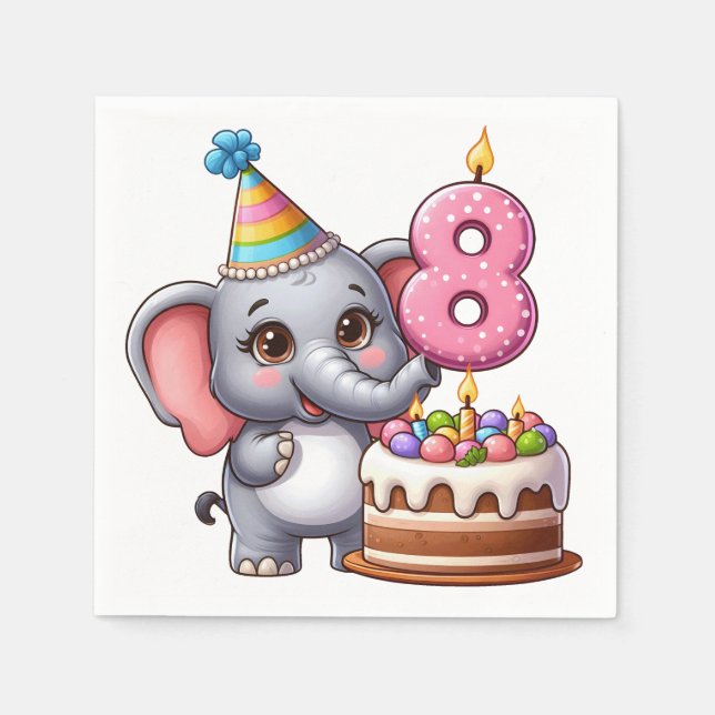 Cute Elephant 8th Birthday Napkin (Front)
