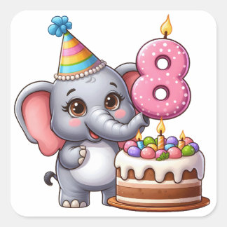Cute Elephant 8th Birthday Square Sticker