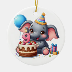 Cute Elephant 9th Birthday Ceramic Ornament