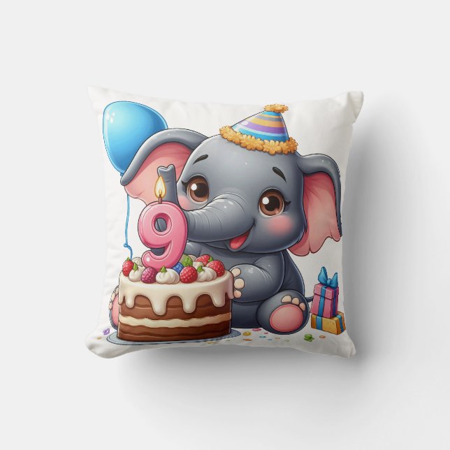 Cute Elephant 9th Birthday Cushion (Front)