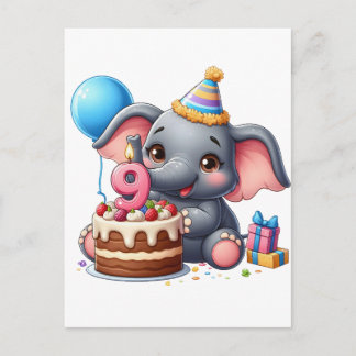 Cute Elephant 9th Birthday Invitation Postcard