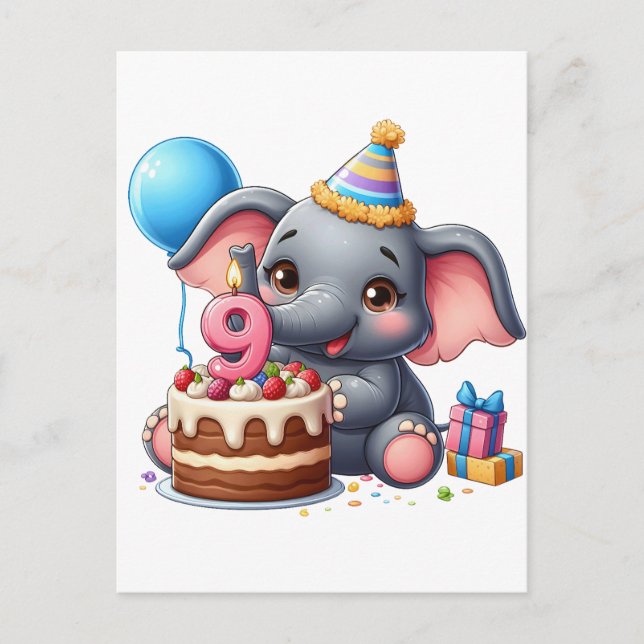 Cute Elephant 9th Birthday Invitation Postcard (Front)