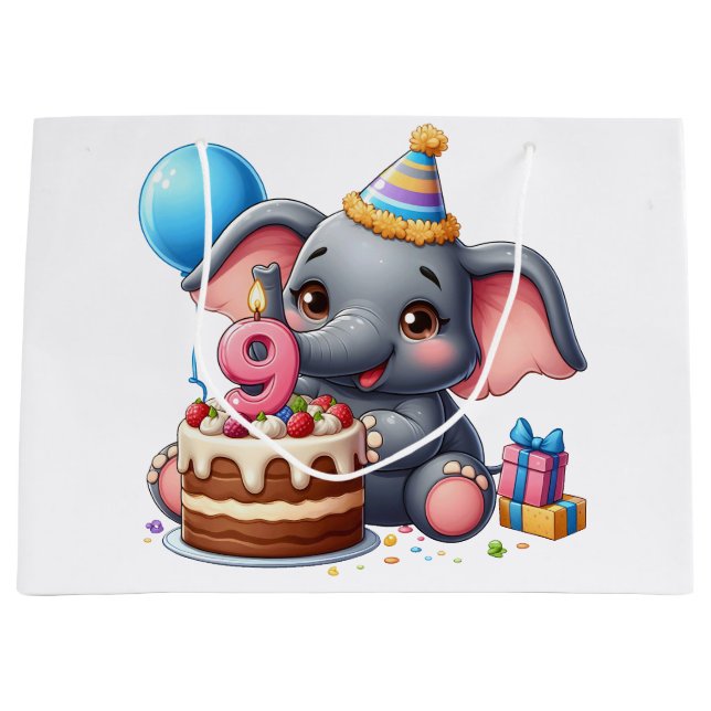 Cute Elephant 9th Birthday Large Gift Bag (Front)