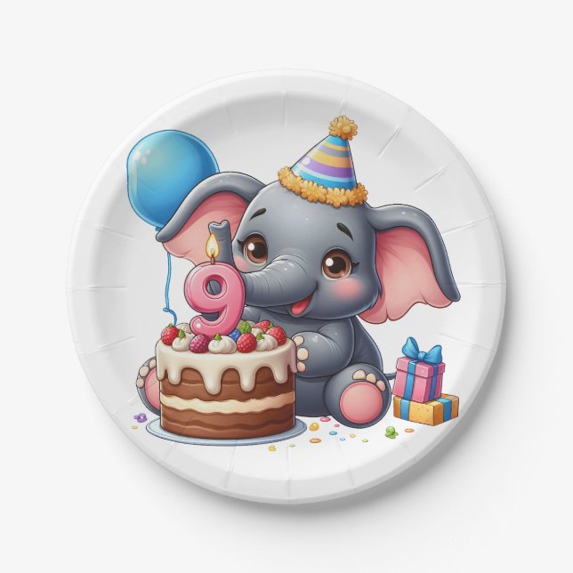 Cute Elephant 9th Birthday Paper Plate (Front)