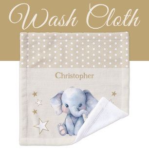 Cute elephant add name polka dots stars brown wash cloth