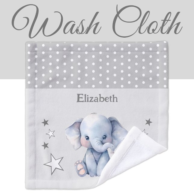 Cute elephant add name polka dots stars grey wash cloth (Creator Uploaded)