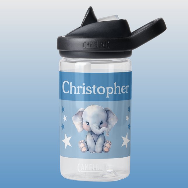 Cute elephant add name with stars kids blue water bottle (Creator Uploaded)