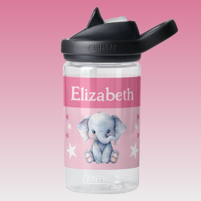 Cute elephant add name with stars kids pink water bottle (Creator Uploaded)