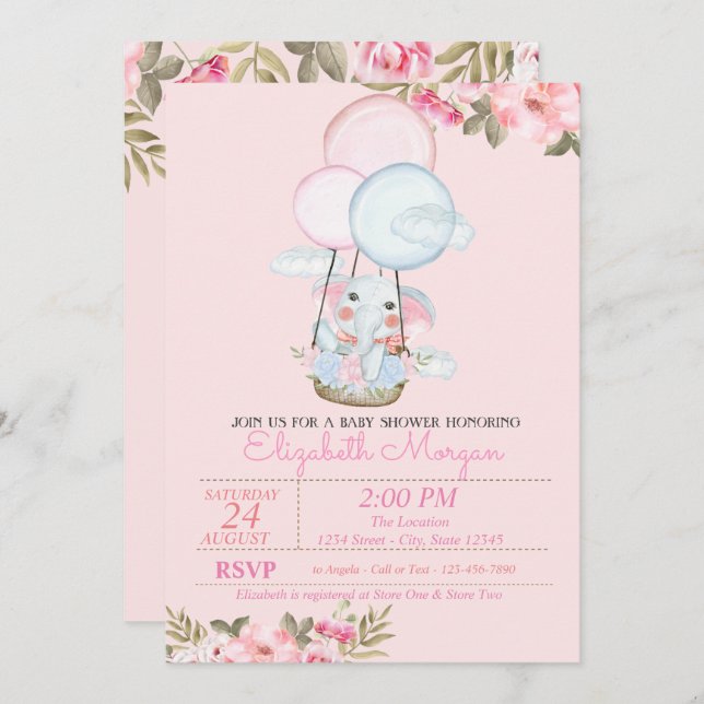 Cute Elephant,Air Balloon Floral Baby Shower Invitation (Front/Back)