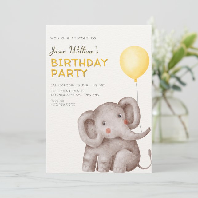 Cute Elephant and balloon birthday Invitation (Standing Front)