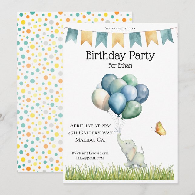 Cute Elephant and balloons Invitation (Front/Back)