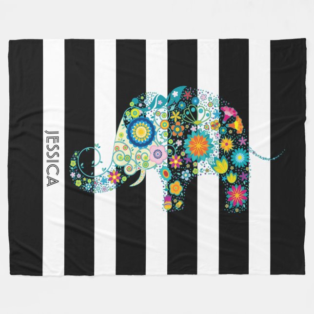Cute Elephant And Black & White Stripes Fleece Blanket (Front (Horizontal))