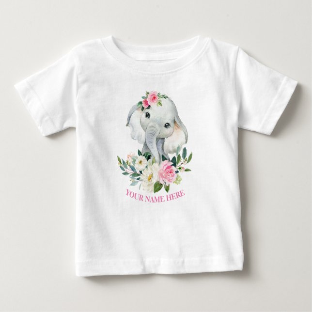 Cute Elephant and BLush Pink Floral 1st birthday Baby T-Shirt (Front)
