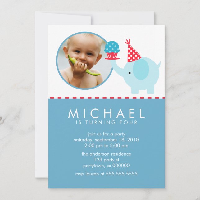Cute Elephant and Cupcake Custom Photo Invitation (Front)