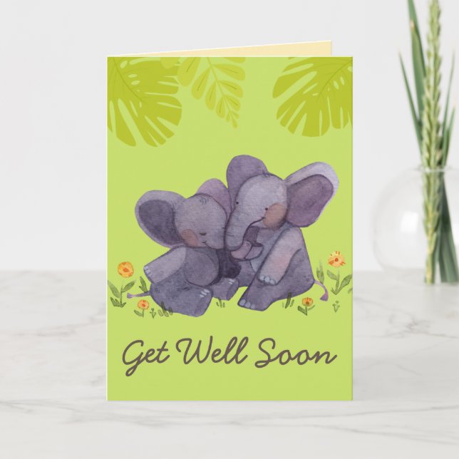 Cute Elephant and Encouragement Get Well Green   C Card (Front)