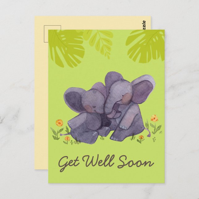 Cute Elephant and Encouragement Get Well Green Pos Postcard (Front/Back)