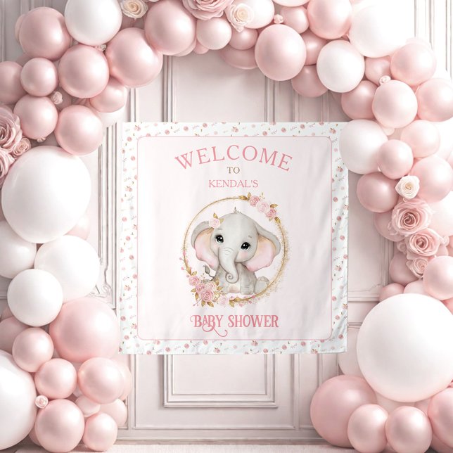 Cute Elephant and Flowers Baby Shower Welcome Sign Tapestry (Cute Elephant and Flowers Baby Shower Welcome Sign Tapestry)