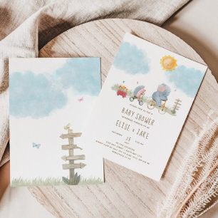 Cute Elephant and Hedgehog Baby Shower Invitation