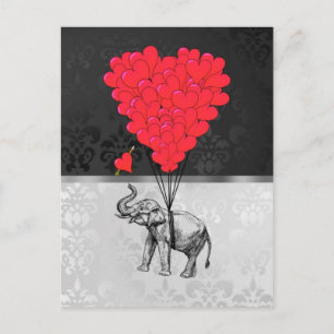 Cute elephant and love heart on grey postcard