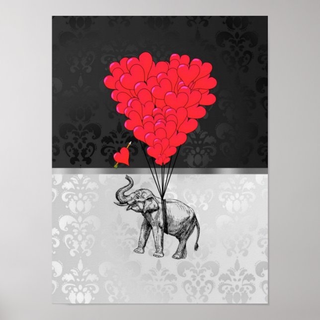 Cute elephant and love heart on grey poster (Front)