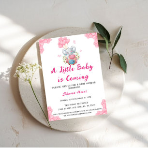 Cute Elephant And Pink Balloon Baby Shower Invitation
