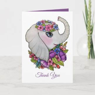 Cute Elephant And Wild Flowers In Watercolor Card