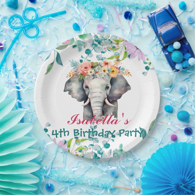 Cute elephant animals jungle Floral Birthday party Paper Plate (Party)