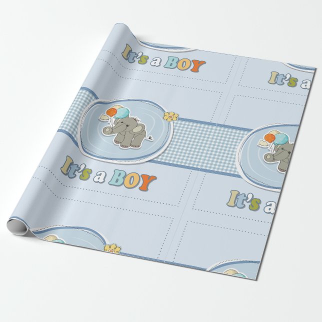 Cute Elephant Baby Boy Announcement  Wrapping Paper (Unrolled)