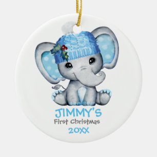 Cute Elephant Baby Boy Baby's First Christmas Ceramic Ornament