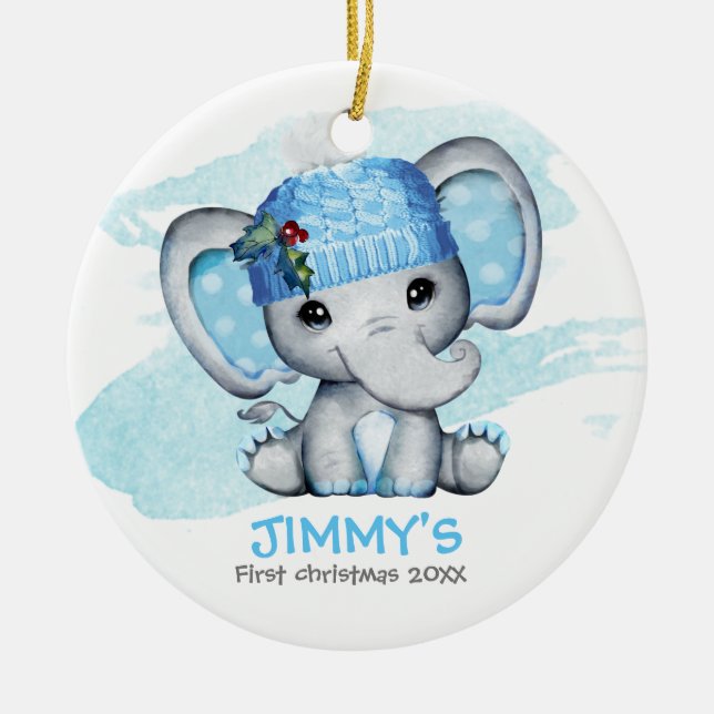 Cute Elephant Baby Boy Baby's First Christmas Ceramic Ornament (Front)