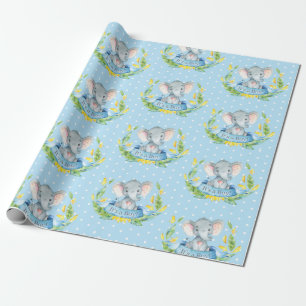 Cute Elephant Baby Boy Blue and Gray Wrapping Paper