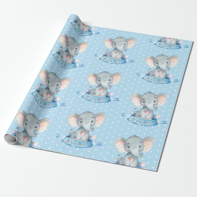 Cute Elephant Baby Boy Blue and Gray Wrapping Paper (Unrolled)
