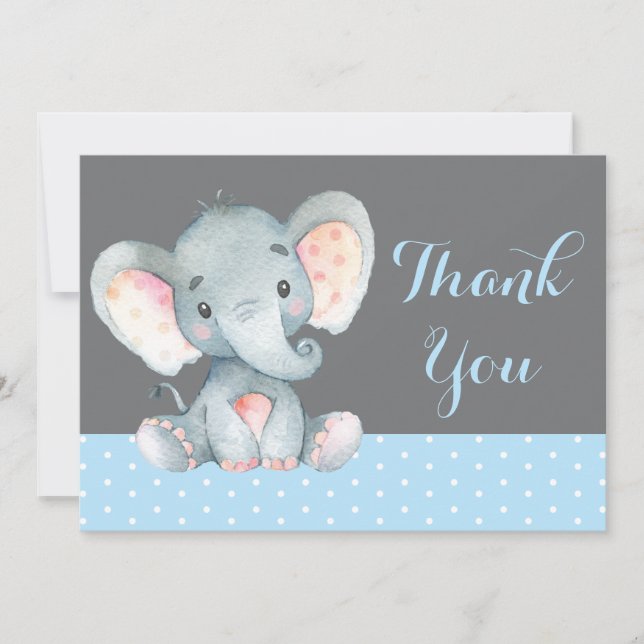Cute Elephant Baby Boy Blue and Grey Thank You Card (Front)