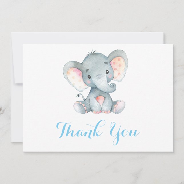 Cute Elephant Baby Boy Blue and Grey Thank You Card (Front)