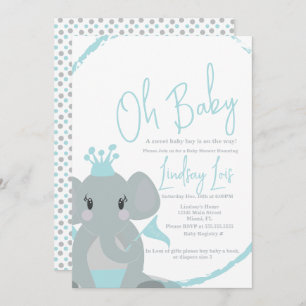 Cute Elephant Baby Boy Elegant Script Baby Shower Invitation