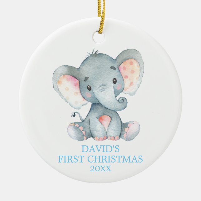 Cute Elephant Baby Boy First Christmas Blue Ceramic Ornament (Front)