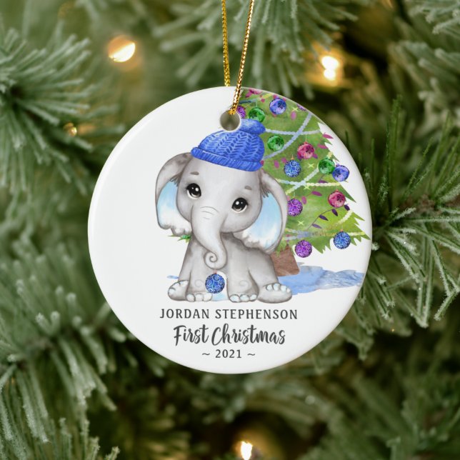 Cute Elephant Baby Boy First Christmas Photo Ceramic Ornament (Tree)