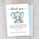 Cute Elephant Baby Boy Shower Thank You Card<br><div class="desc">Cute baby boy shower thank you card featuring "thank you" in a stylish grey script with swashes and a pastel blue watercolor of baby boy elephant. Personalise your thank you message and add your name(s) in a signature script,  or leave blank for a handwritten note.</div>