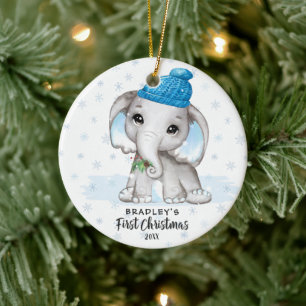 Cute Elephant Baby First Christmas Boy Photo Name Ceramic Ornament
