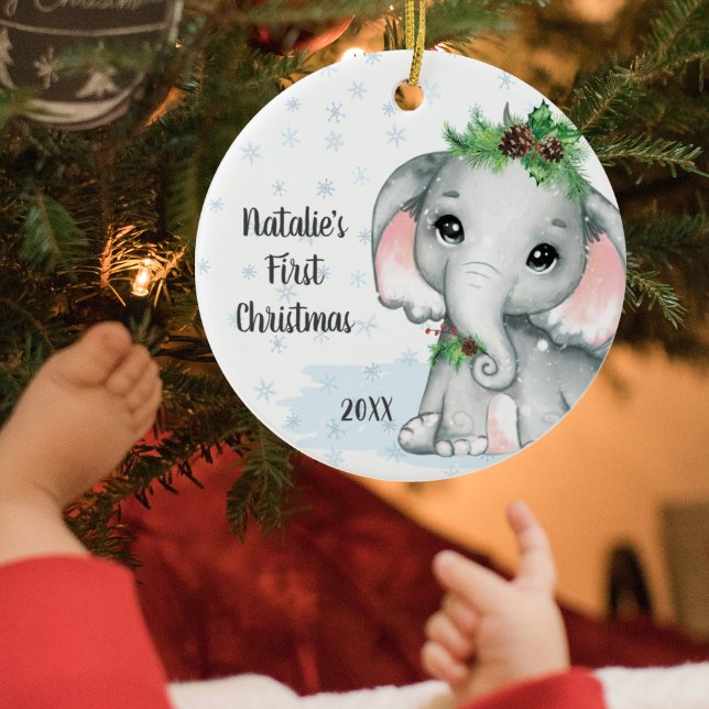Cute Elephant Baby First Christmas Girl Name Ceramic Ornament (Creator Uploaded)
