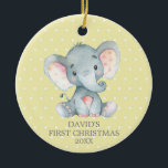 Cute Elephant Baby First Christmas Yellow and Grey Ceramic Ornament<br><div class="desc">Cute Elephant Baby First Christmas Yellow and Grey Ceramic Ornament</div>