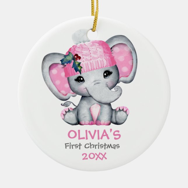 Cute Elephant Baby Girl Baby's First Christmas Ceramic Ornament (Front)