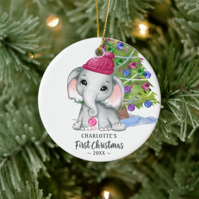 Cute Elephant Baby Girl First Christmas Photo Ceramic Ornament (Tree)