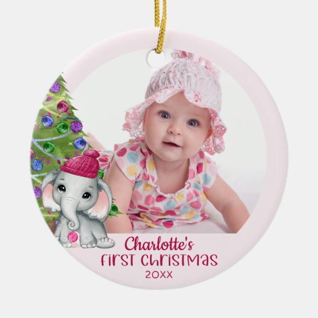 Cute Elephant Baby Girl First Christmas Photo Pink Ceramic Ornament (Front)