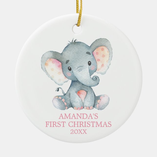Cute Elephant Baby Girl First Christmas Pink Ceramic Ornament (Front)