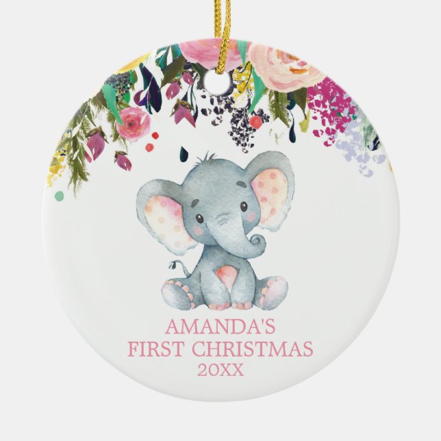Cute Elephant Baby Girl First Christmas Pink Ceramic Ornament (Front)