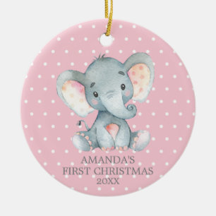 Cute Elephant Baby Girl First Christmas Pink Ceramic Ornament
