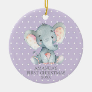 Cute Elephant Baby Girl First Christmas Purple Ceramic Ornament