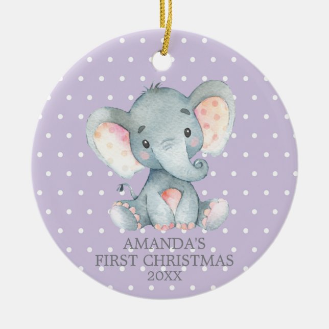 Cute Elephant Baby Girl First Christmas Purple Ceramic Ornament (Front)